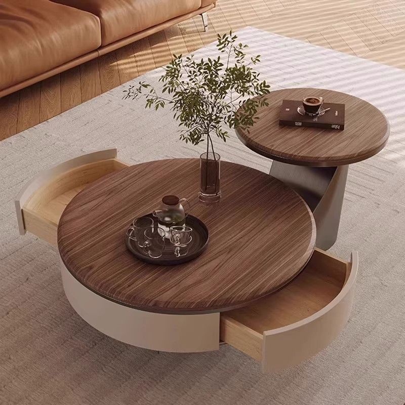 Minimally luxurious walnut colored wooden coffee table for living room and home use